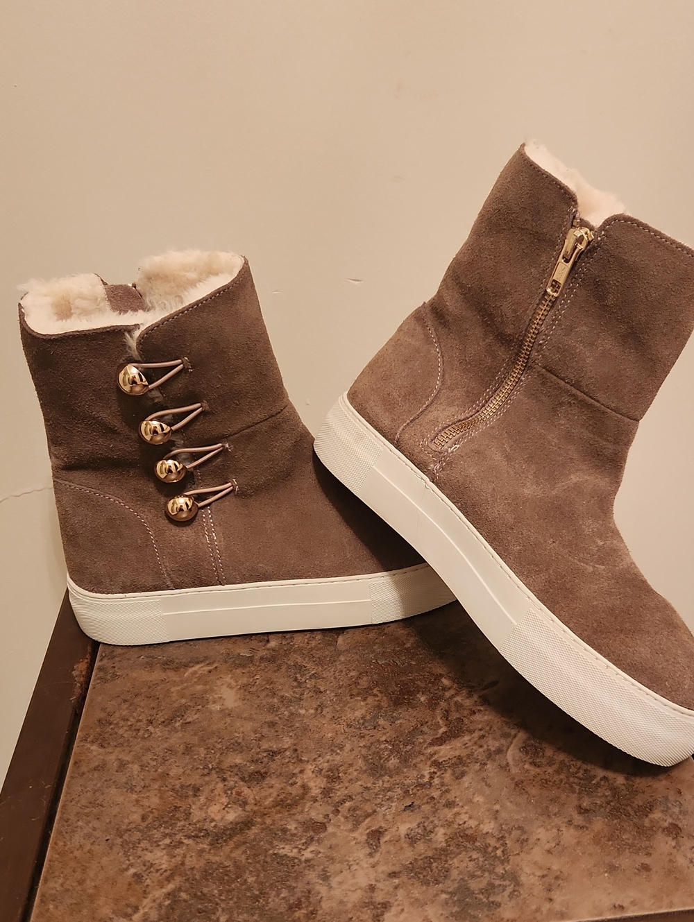 J Slides Taupe Suede Faux-Fur Lined Ankle Boots with Gold Hardware